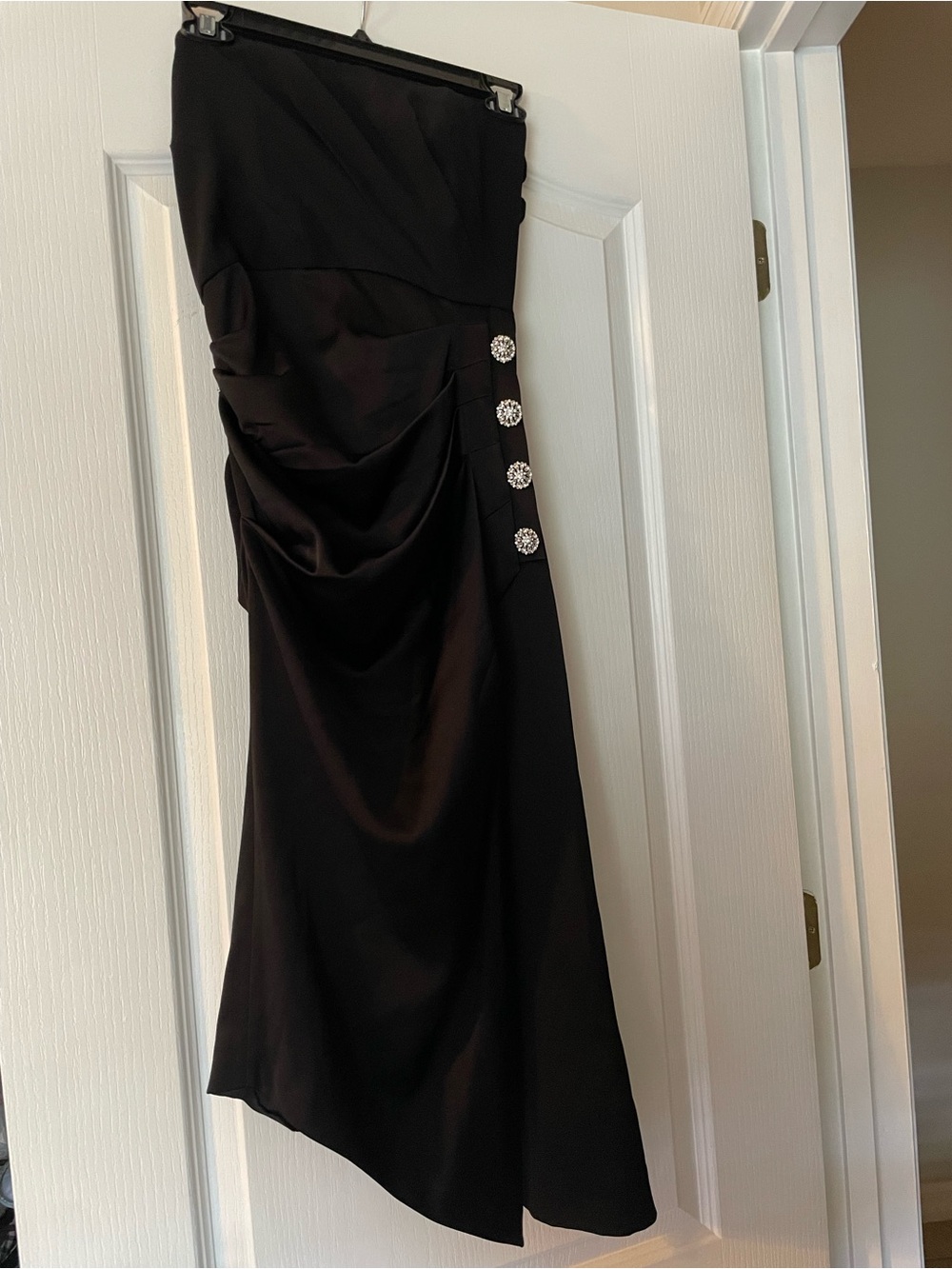 Strapless Black Evening Dress with Rhinestone Buttons